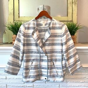 Chico’s Striped Blue Woven Lightweight Moto Style Jacket Size Medium